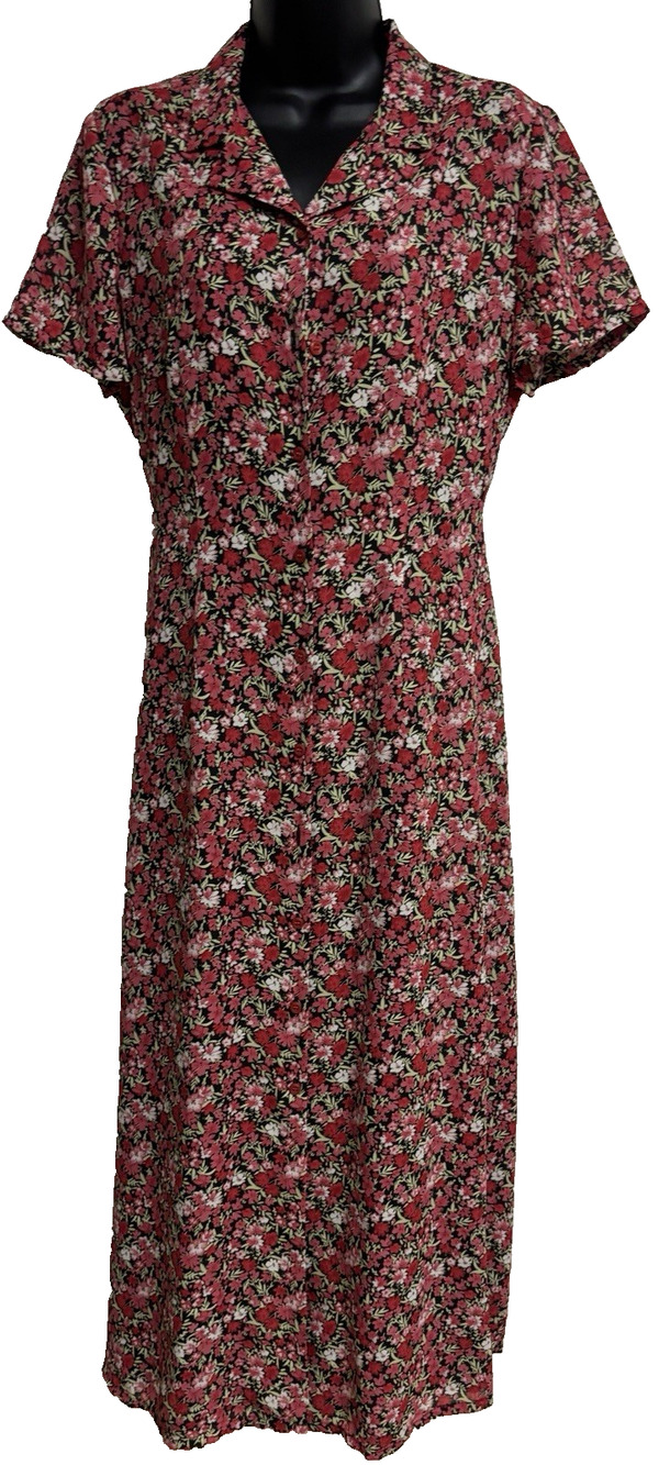 Emma James Women Size 10 Floral Midi Dress Short Sleeve Button Collar Red Pink